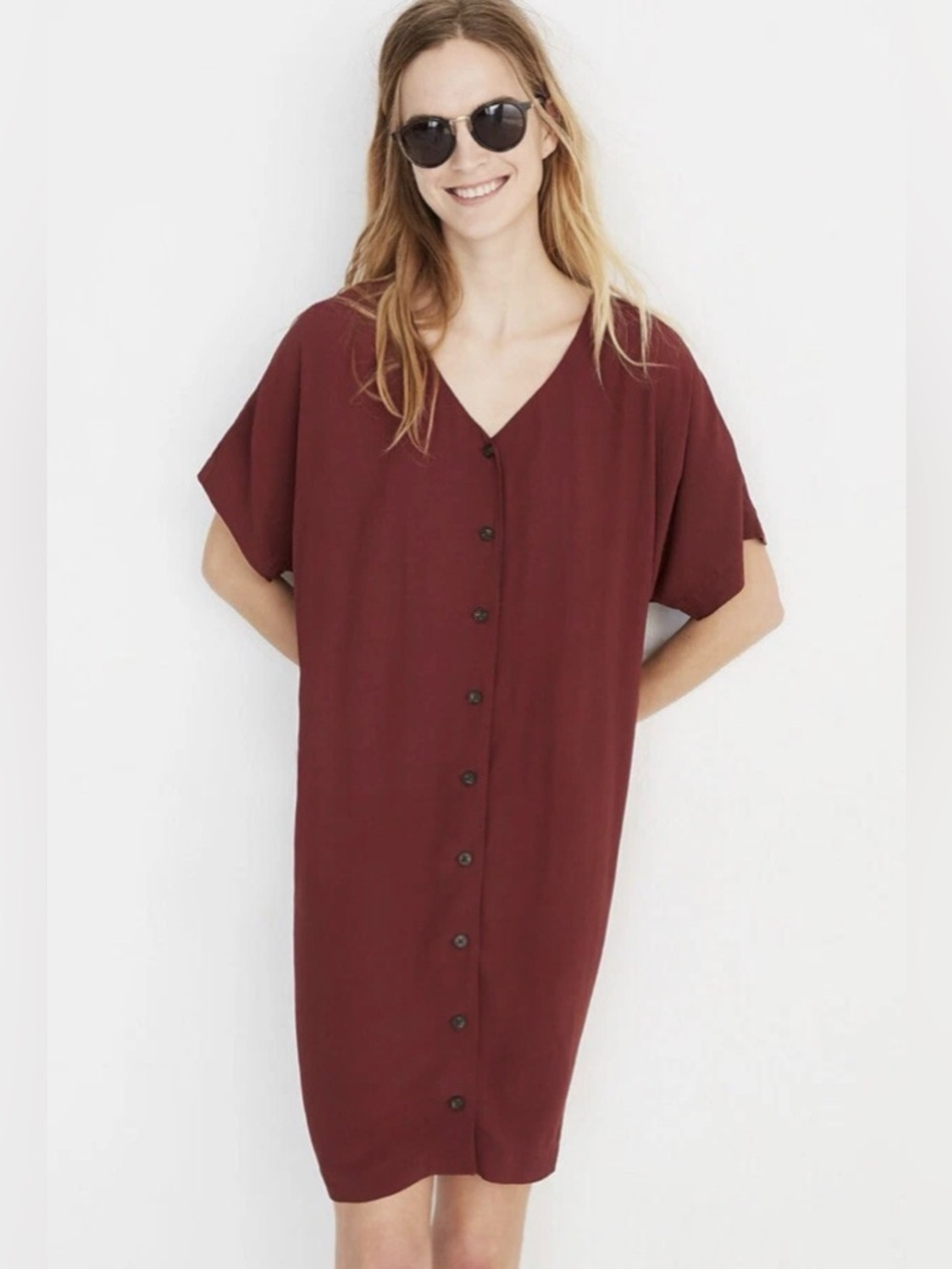 Madewell Button-Front Easy Dress in a Burgundy Size Medium